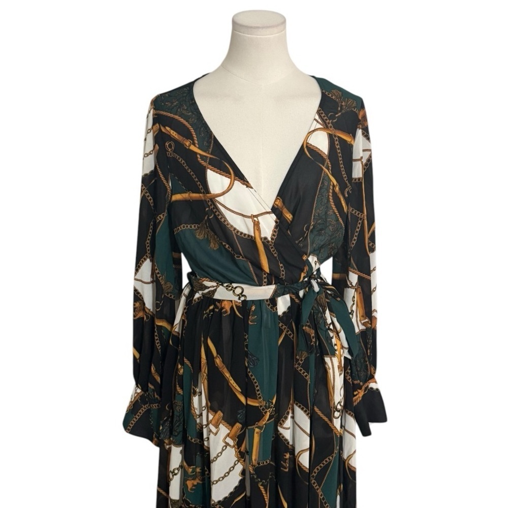 LOVE CULTURE Wrap Style Green Maxi Dress Size M Gold Chain Print V Neck Party - Picture 3 of 4